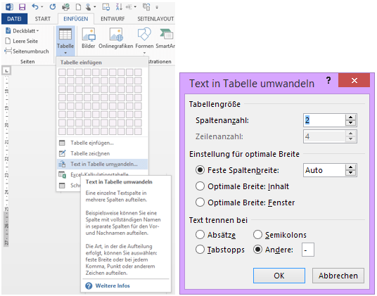 Tipp Word Text in Tabelle