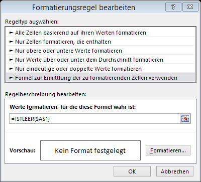 Tipp Excel bedingte Formatierung Formel ISTLEER